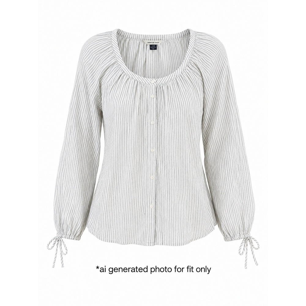 American Eagle Striped Tie‎ Cuff Button Up Blouse Womens Large Blue White